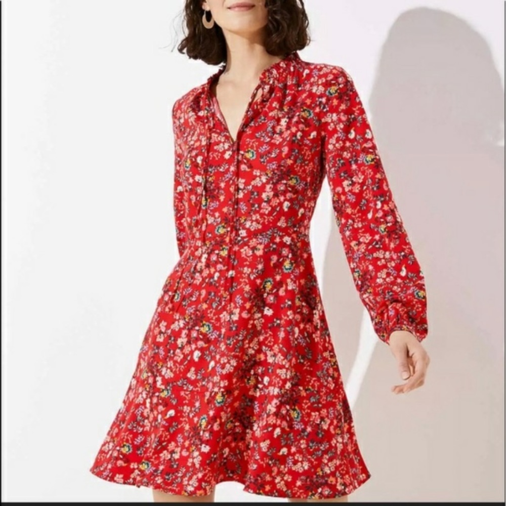 Loft Red Floral A-Line Dress